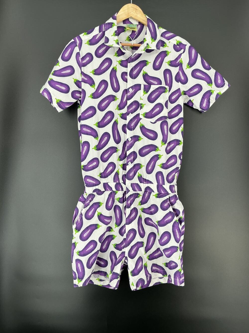 Zesties Mens Eggplant Romper XL Purple Novelty Print Jumpsuit Festival Party